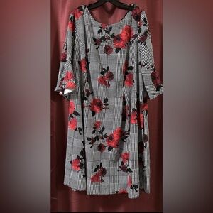 Jessica Howard Long Sleeve Dress with Red Floral and Black Checkered Pattern